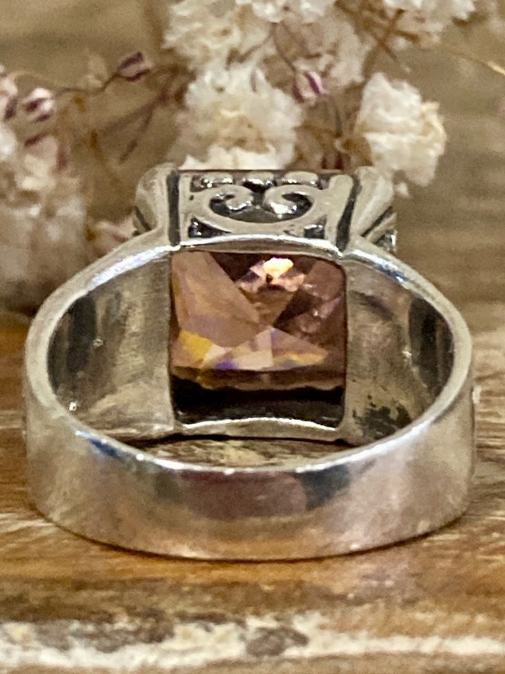 Silver Tone Statement Ring with Square Pink Gemstone • Size 6.25 - Picture 13 of 13